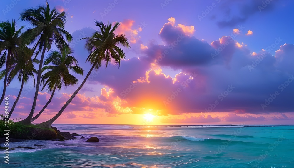 A serene tropical beach at sunset with palm trees and calm waters A serene tropical beach at sunset with palm trees and calm waters