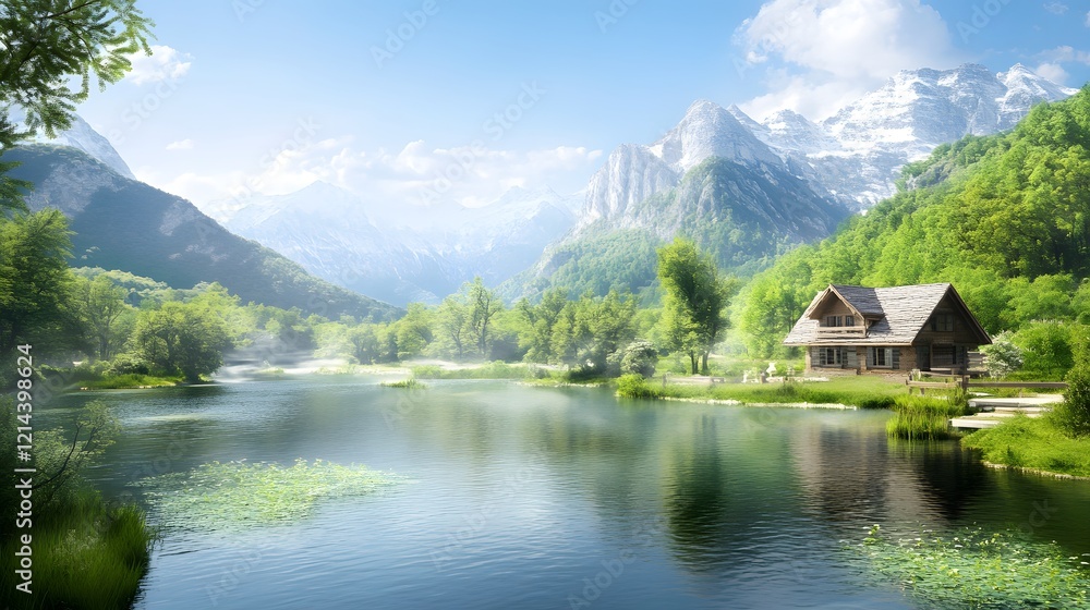 Fototapeta premium Secluded Mountain Cabin Lake House Nature Scene
