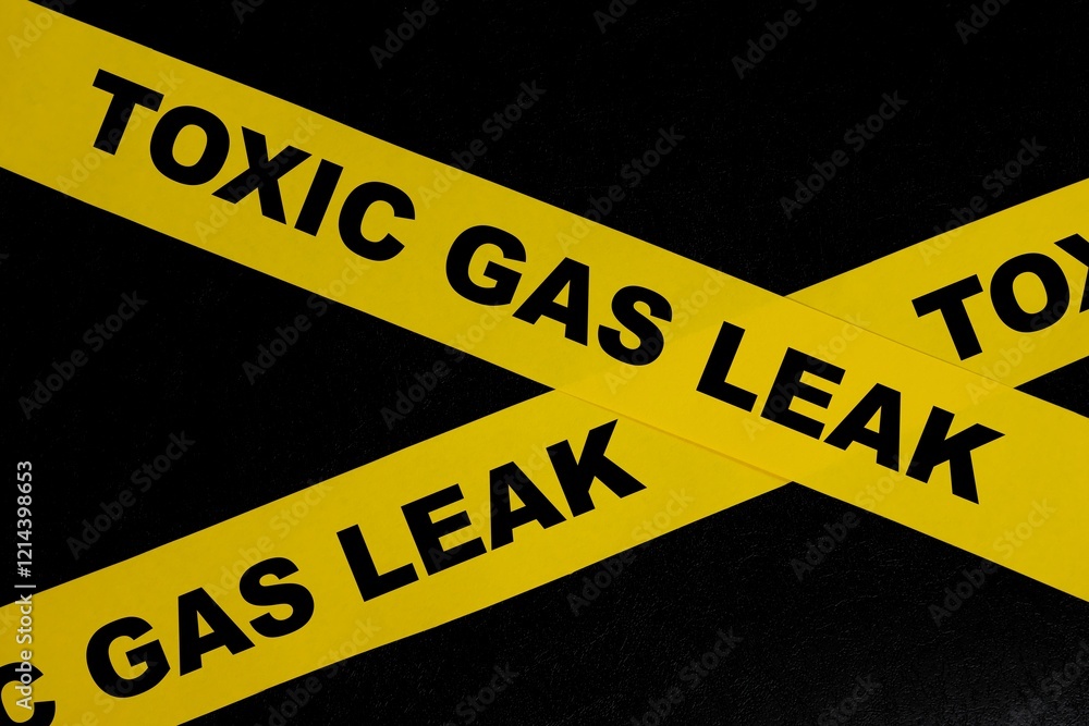 Toxic gas leak or leakage caution danger and warning concept. Yellow barricade tape with word in dark black background.