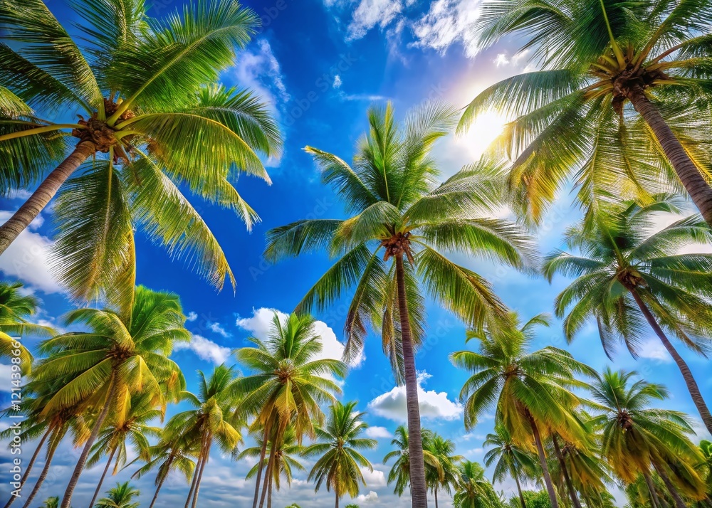 Lush Coconut Palm Trees on a Vibrant Blue Sky - Tropical Vacation Background Lush Coconut Palm Trees on a Vibrant Blue Sky - Tropical Vacation Background