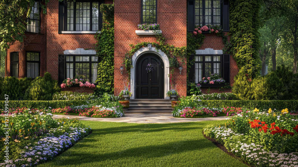 Fototapeta premium Classic brick house with black shutters, surrounded by vibrant flowers and lush greenery, creating charming and inviting atmosphere