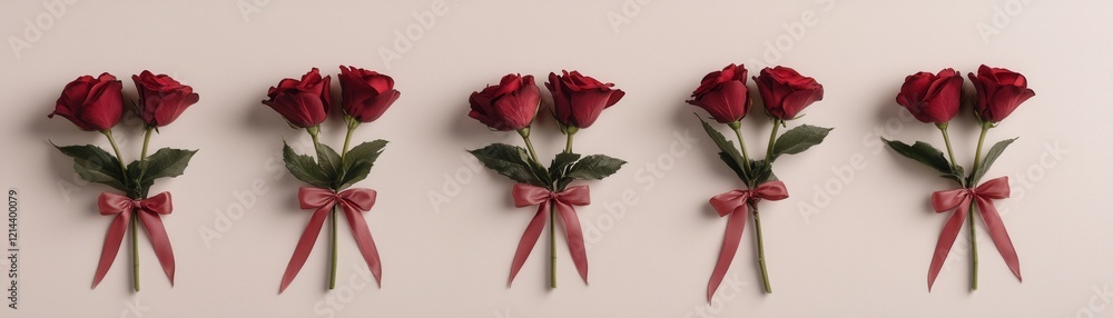 Fototapeta premium Five Red Roses with Pink Bows on Beige Background Romantic Valentine s Day Arrangement