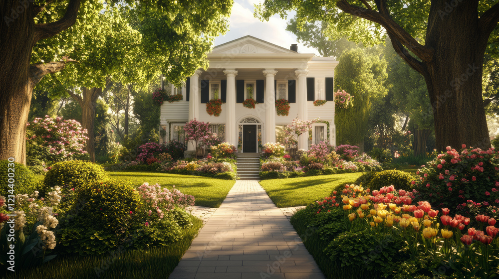 Naklejka premium classic white house with elegant columns surrounded by vibrant gardens, blooming flowers, and lush greenery creates serene and inviting atmosphere