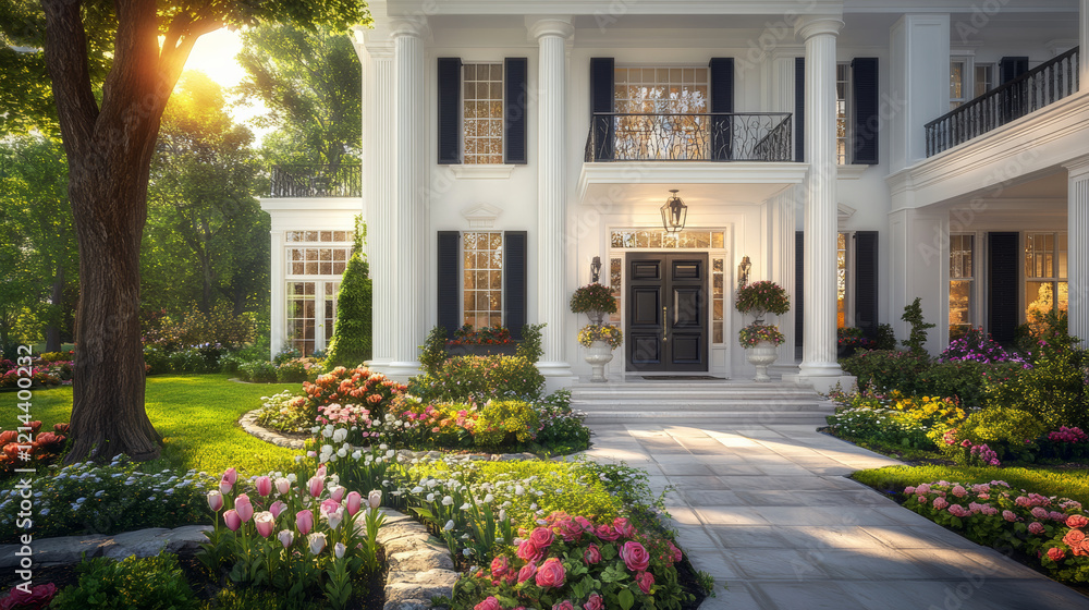 Obraz premium classic white house with elegant columns, surrounded by vibrant flower gardens and lush greenery, creating serene and inviting atmosphere