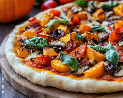 A flavorful pizza topped with roasted vegetables like pumpkin, showcasing unique and creative tastes photo