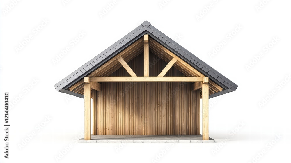 Wooden Cabin with Exposed Beams: A charming rustic wooden cabin with a dark gray roof and exposed wooden beams, showcasing simple yet elegant architecture. Wooden Cabin with Exposed Beams: A charming rustic wooden cabin with a dark gray roof and exposed wooden beams, showcasing simple yet elegant architecture.