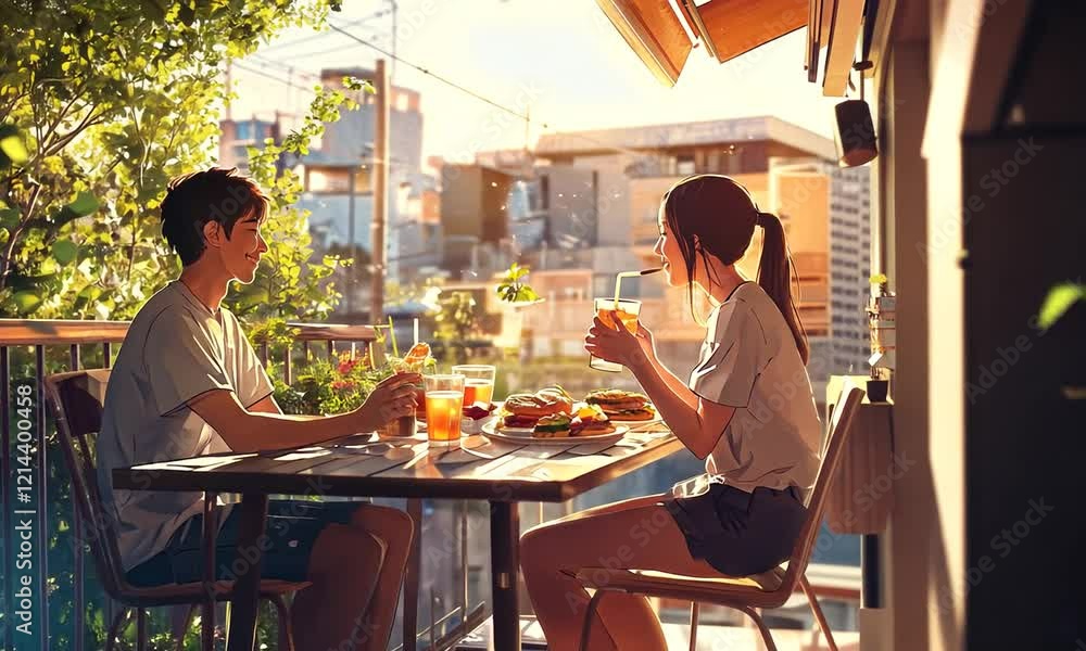 A serene outdoor dining scene with two people enjoying a meal and drinks in a lush setting. A serene outdoor dining scene with two people enjoying a meal and drinks in a lush setting.