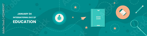 International Day of Education banner design for social media. Book, light bulb, and more are included in the design.