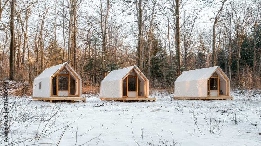 Winter Retreat: Three cozy cabins nestled amidst a snowy forest, exuding an air of tranquility and escapism. Their simple yet elegant design blends seamlessly with the surrounding nature. Winter Retreat: Three cozy cabins nestled amidst a snowy forest, exuding an air of tranquility and escapism. Their simple yet elegant design blends seamlessly with the surrounding nature.