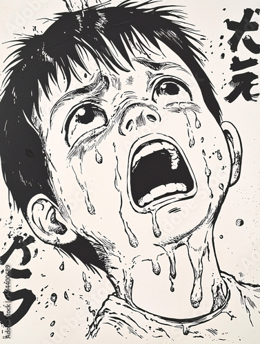 Close-up of a sad young boy with large, tear-filled eyes in dramatic artistic style, emotional portrait in manga and sketch illustration style, depiction of suffering and vulnerability photo