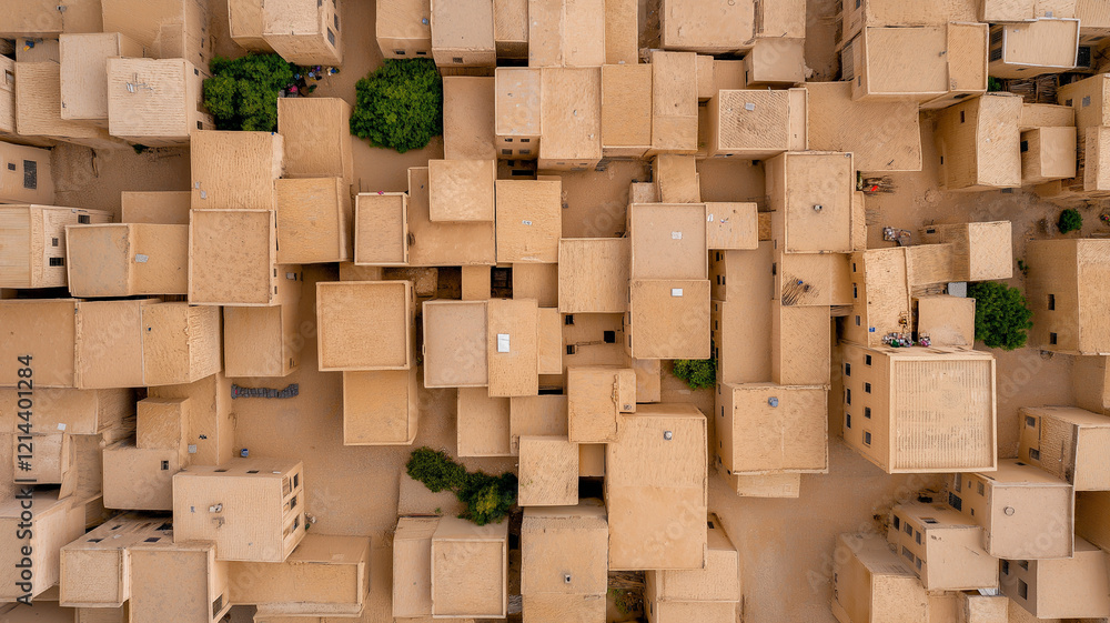 Aerial view of maze like Moroccan medina with sandy colored buildings, showcasing intricate architecture and narrow pathways. scene evokes sense of exploration and cultural richness Aerial view of maze like Moroccan medina with sandy colored buildings, showcasing intricate architecture and narrow pathways. scene evokes sense of exploration and cultural richness