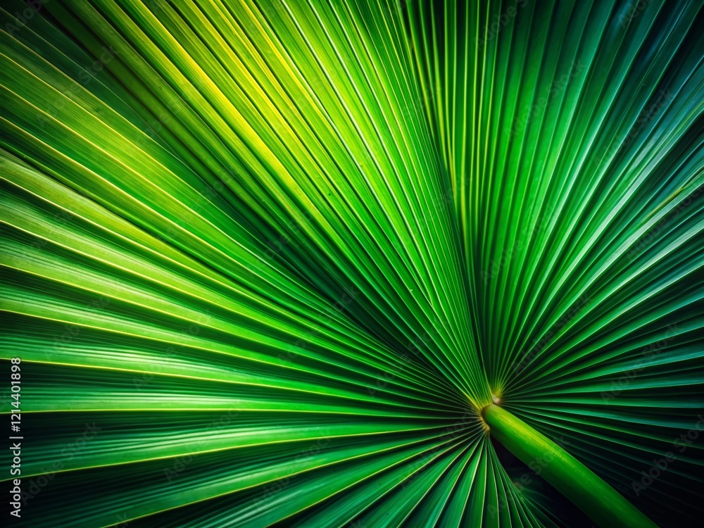 Fototapeta premium Lush Green Palm Leaf Close-Up in Low Light - Tropical Nature Stock Photo