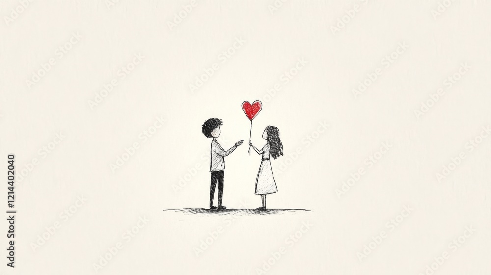 Simple sketch of a couple exchanging a heart-shaped balloon. Simple sketch of a couple exchanging a heart-shaped balloon.