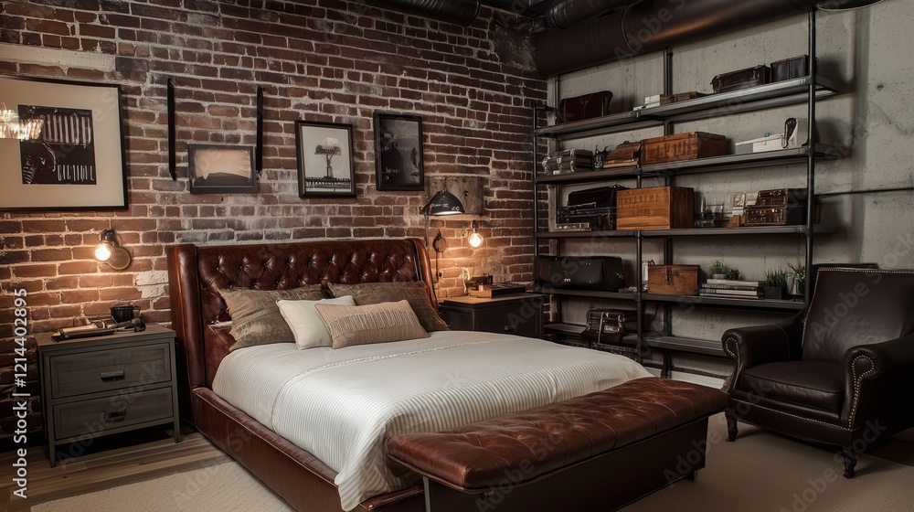 A bedroom with a brick wall and a brown bed. The bed is covered with a white comforter and pillows. There is a chair and a nightstand in the room A bedroom with a brick wall and a brown bed. The bed is covered with a white comforter and pillows. There is a chair and a nightstand in the room