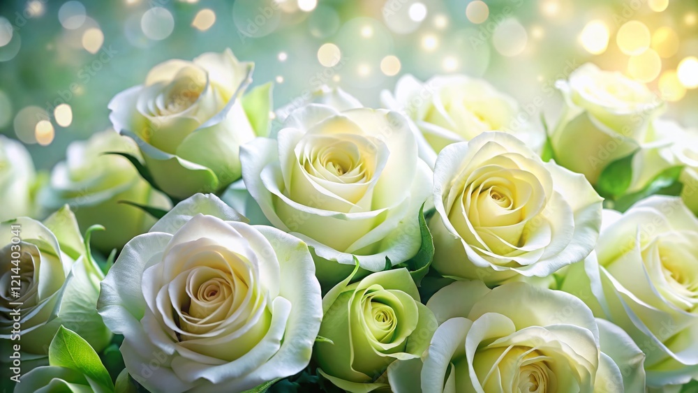 Lush Greenish-White Roses Bokeh Background - Romantic Floral Stock Photo Lush Greenish-White Roses Bokeh Background - Romantic Floral Stock Photo