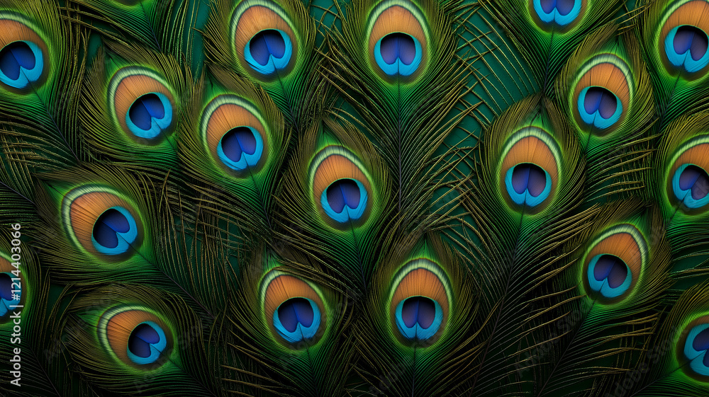 Obraz premium Close up of vibrant peacock feathers showcasing intricate patterns and colors. rich greens and blues create stunning visual display, evoking sense of natural beauty and elegance