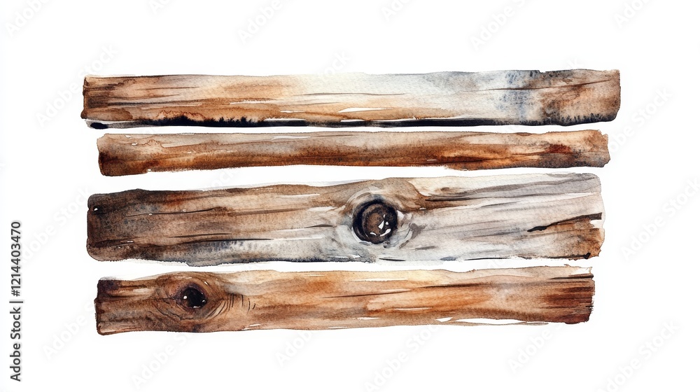 Fototapeta premium Watercolor Illustration of Four Rustic Wooden Planks on White Background