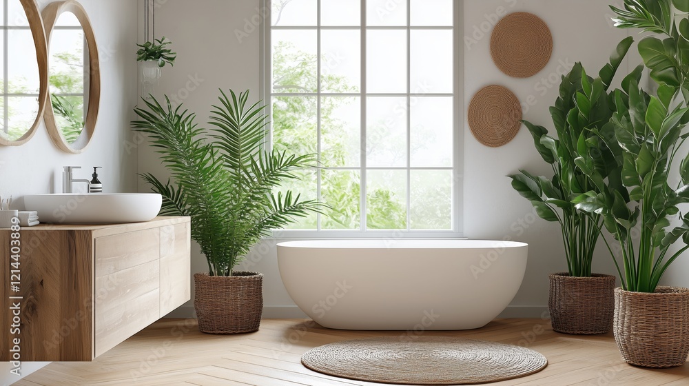 A bathroom with a large white bathtub and a sink. The bathroom is decorated with plants and has a natural, calming atmosphere A bathroom with a large white bathtub and a sink. The bathroom is decorated with plants and has a natural, calming atmosphere