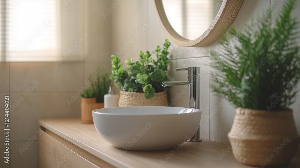 A bathroom sink with a white bowl and a mirror above it. The sink is surrounded by potted plants, including a few small ones and a larger one. The bathroom has a clean and modern look A bathroom sink with a white bowl and a mirror above it. The sink is surrounded by potted plants, including a few small ones and a larger one. The bathroom has a clean and modern look