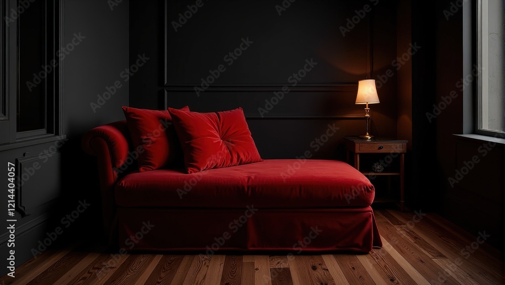 Fototapeta premium Cozy interior featuring a plush red chaise lounge adorned with soft pillows. A quaint wooden nightstand holds a golden lamp, casting warm light across the richly toned space