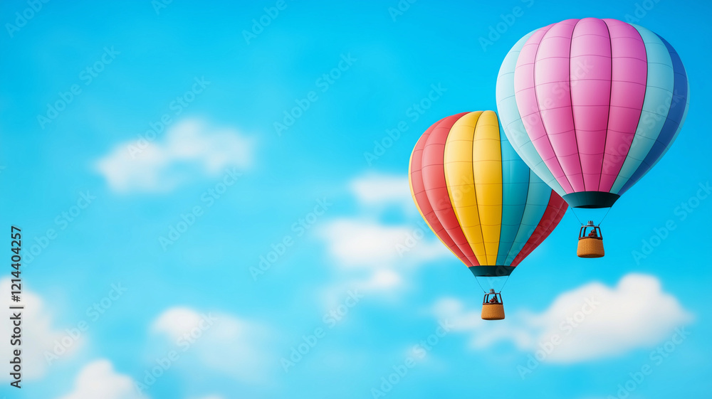 Colorful hot air balloons soaring against bright blue sky with fluffy clouds, creating cheerful and vibrant atmosphere Colorful hot air balloons soaring against bright blue sky with fluffy clouds, creating cheerful and vibrant atmosphere