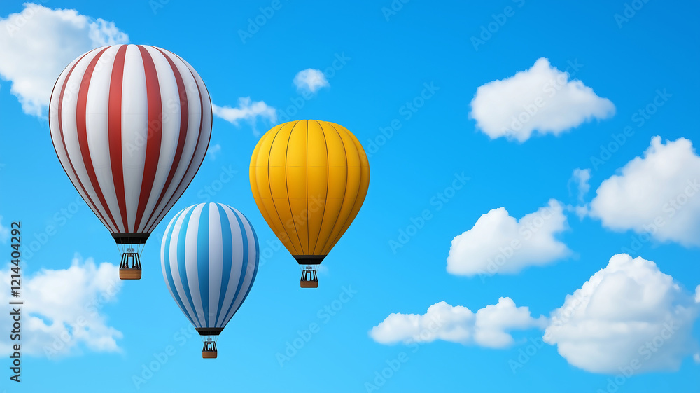 Fototapeta premium Colorful hot air balloons floating in bright blue sky with fluffy clouds create cheerful and vibrant scene. balloons feature red, yellow, and blue stripes, enhancing festive atmosphere