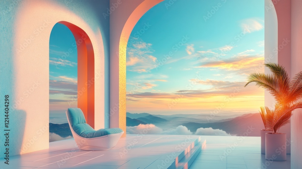 Fototapeta premium Sunset view from a modern chair in a minimalist room