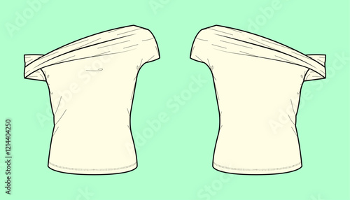 Women one shoulder top outline technical drawing flat sketch, CAD, Mockup.