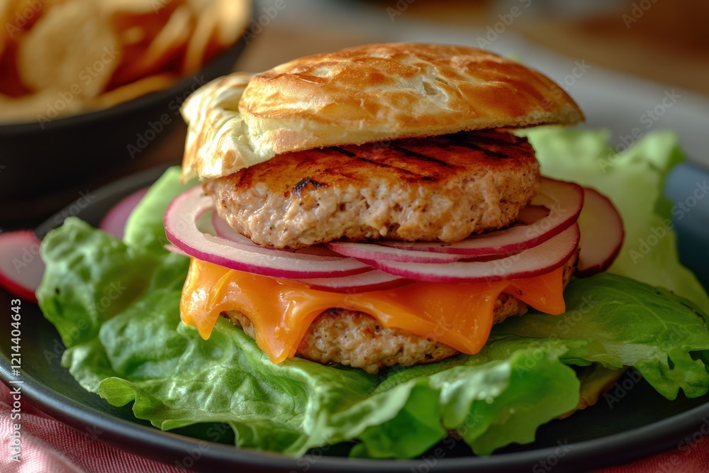 Juicy low-carb burger with a lettuce wrap instead of a bun, layered with turkey patty, cheese, tomato, and onion, served with radish chips Juicy low-carb burger with a lettuce wrap instead of a bun, layered with turkey patty, cheese, tomato, and onion, served with radish chips
