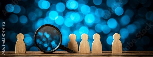 Wooden Figurines and Magnifying Glass on a Table, Set Against a Blurred Office Background. Representing Recruitment, Talent Search, and Human Resources.