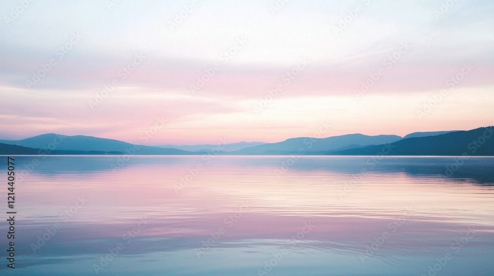 Serene Sunset Over Tranquil Lake with Soft Pastel Colors Reflecting on Calm Water and Gentle Hills in the Background Serene Sunset Over Tranquil Lake with Soft Pastel Colors Reflecting on Calm Water and Gentle Hills in the Background
