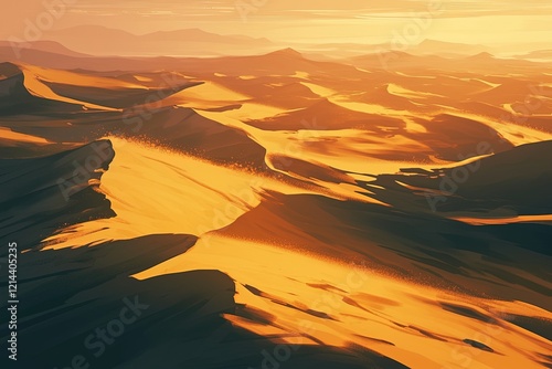 Golden sunset over vast desert landscape, dunes stretching to distant mountains photo