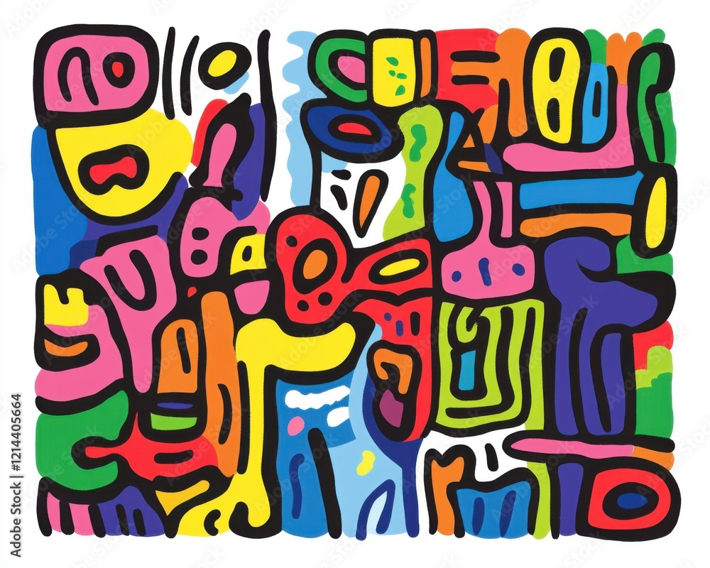Print featuring naive childish drawings with colorful doodles and playful whimsical designs Print featuring naive childish drawings with colorful doodles and playful whimsical designs