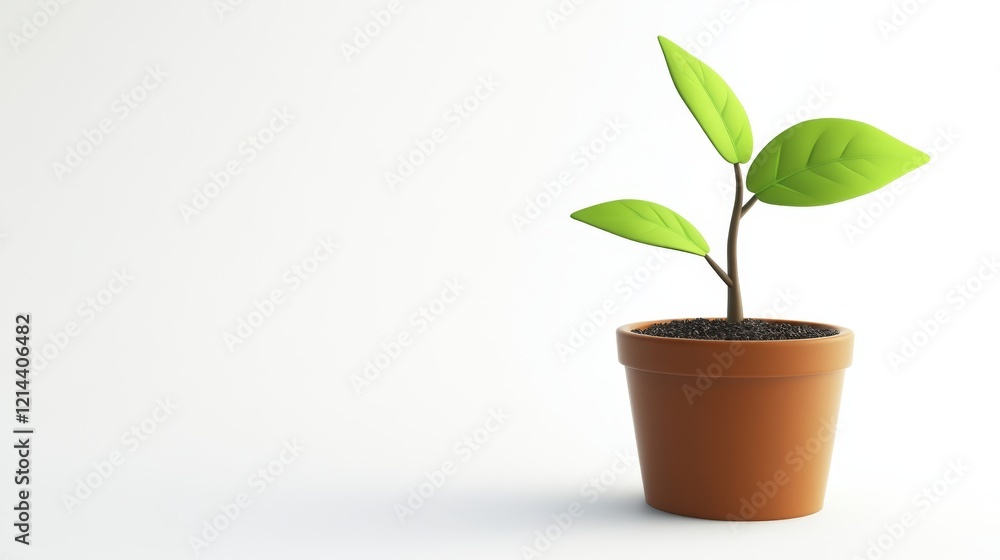 Green Plant Growing in Brown Pot Against White Background Green Plant Growing in Brown Pot Against White Background
