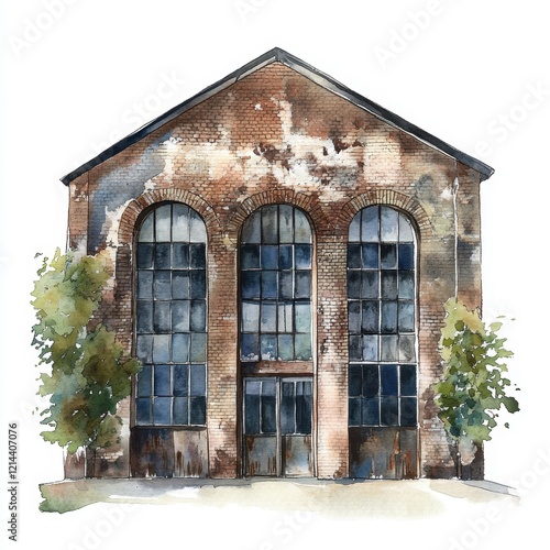 Watercolor Clipart of an Industrial Warehouse Building with Large Windows and Rustic Brick Walls Surrounded by Lush Greenery in a Soft Artistic Style
