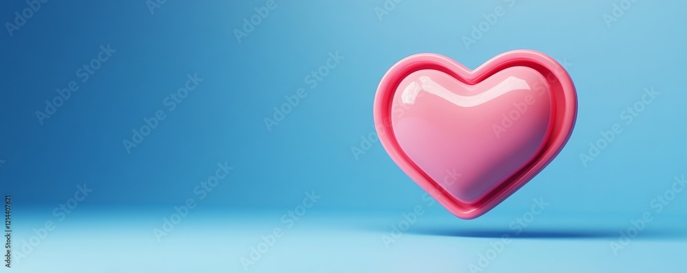 Glossy pink heart hovering over a light blue surface, symbolizing love, care, and romantic feelings Glossy pink heart hovering over a light blue surface, symbolizing love, care, and romantic feelings
