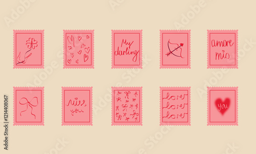 love stamps, love stickers, declaration of love, cute stamps, pink and red stamps, bow stamps, cute bows, hearts stamp, flower stamp, romance stamp