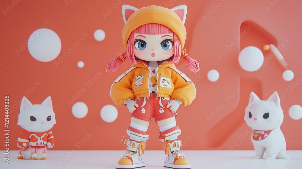 Fototapeta premium Cute 3D rendered girl with cats.