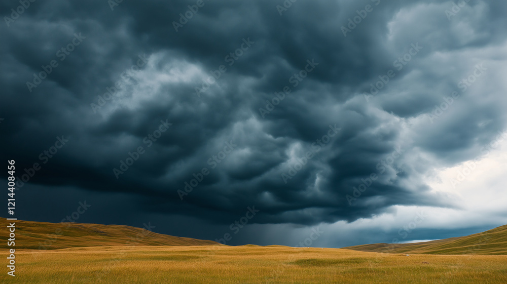 Dramatic storm clouds loom over vast rural landscape, creating sense of impending weather change. contrast between dark clouds and golden grass enhances scene intensity Dramatic storm clouds loom over vast rural landscape, creating sense of impending weather change. contrast between dark clouds and golden grass enhances scene intensity
