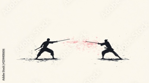 Two silhouetted figures duel with swords, pink particles burst between them against a light background. photo