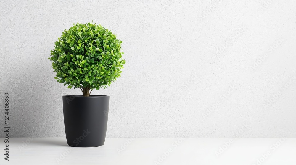 Fototapeta premium Small potted plant on white surface against white wall; home decor, website banner