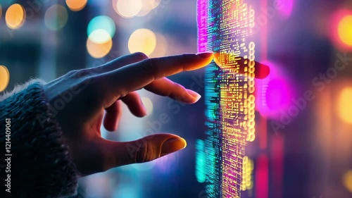 Hand checking digital code lines on a screen in neon colors 