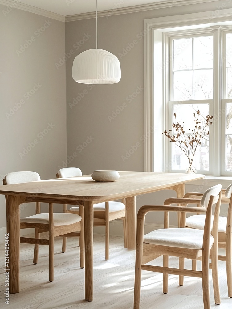 Fototapeta premium A modern minimalist interior design in a residential dining room with windows visible and dining tables and chairs. Generative AI 