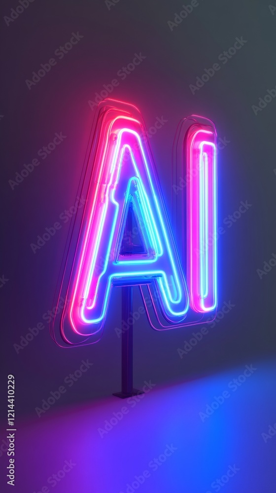 Glowing neon AI sign in pink and blue, illuminating technological innovation against dark backdrop Glowing neon AI sign in pink and blue, illuminating technological innovation against dark backdrop