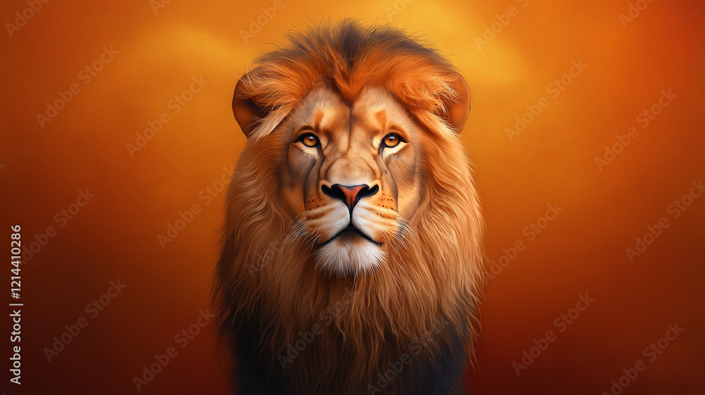 Majestic lion portrait with vibrant golden background, showcasing its powerful presence and striking features. warm tones enhance lion regal appearance Majestic lion portrait with vibrant golden background, showcasing its powerful presence and striking features. warm tones enhance lion regal appearance