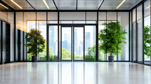 Modern office space with large windows and greenery