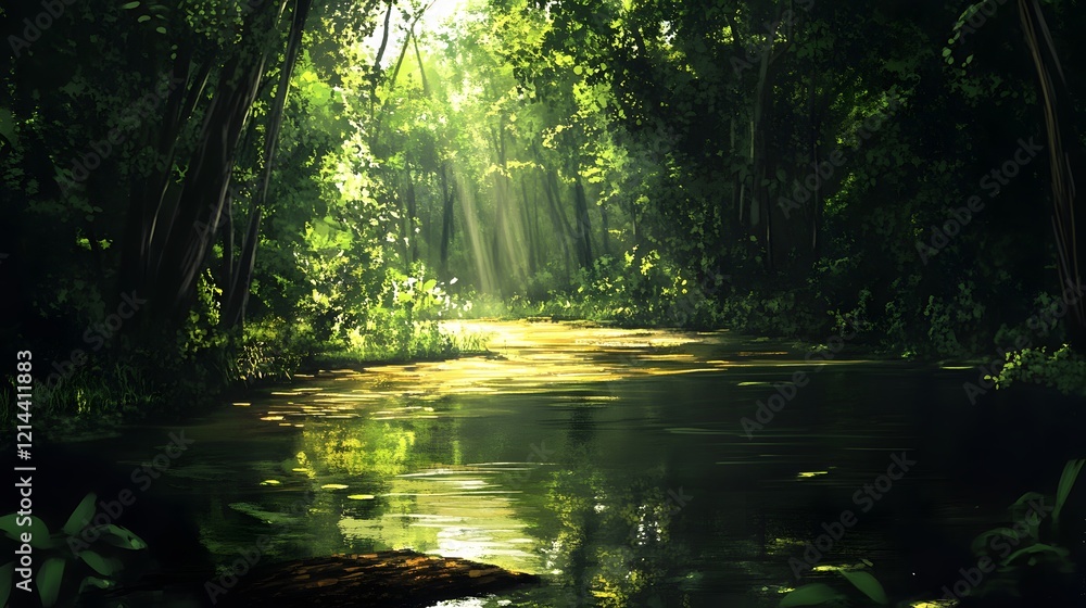 Fototapeta premium Sunlit Forest River Lush Green Trees Tranquil Nature Scene