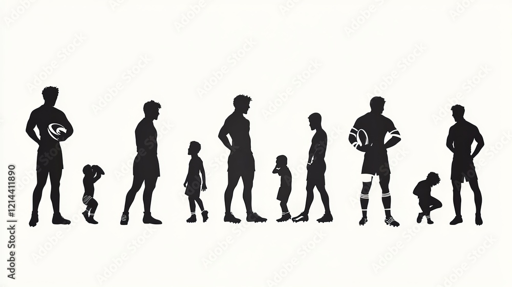 Silhouettes of male and child rugby players, shown in various poses to represent the diversity within the sport Silhouettes of male and child rugby players, shown in various poses to represent the diversity within the sport