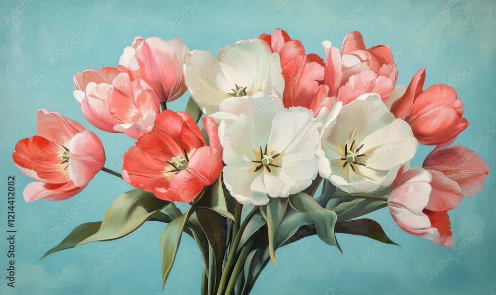 Colorful tulips arranged in a bouquet with pink and white petals against a soft blue background Colorful tulips arranged in a bouquet with pink and white petals against a soft blue background