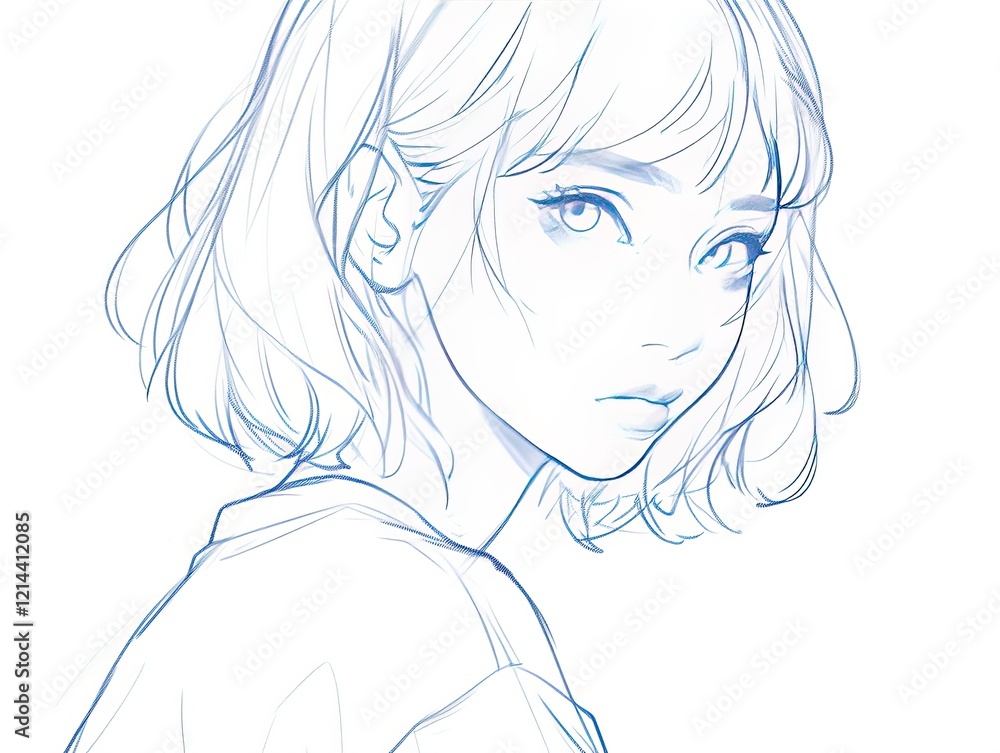 Pensive girl, short hair, sketch style, white background Pensive girl, short hair, sketch style, white background